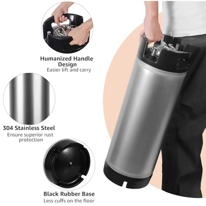Upgraded 2 Pack New 5 Gallon Ball Lock Keg, Stainless Steel Corny Keg with Ball Lock Post, Cornelius Keg Beer Square Keg with Dual Rubber Handle, Gasket Set for Commercial Home Brewing - size: 5 Gallon*2 Pack