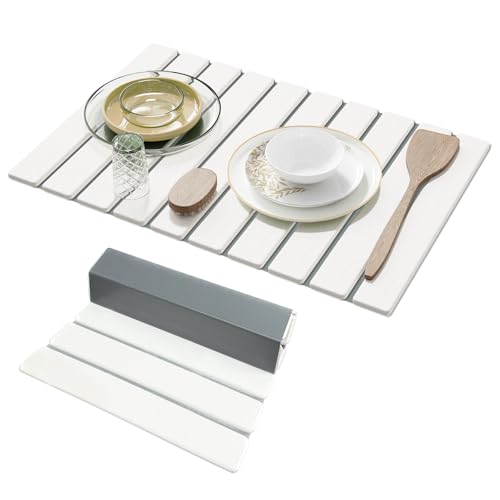 Large Stone Dish Drying Mats for Kitchen Counter,23.6''(L)x 15.4''(W) Foldable Quick Dry Stone Mat Kitchen,Absorbent Diatomaceous Earth Mats for Dishes Bottles Cups Bathroom Any Countertop-White