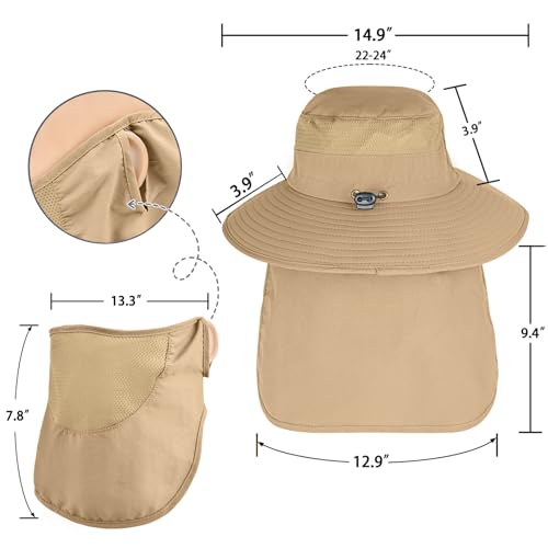 Sun Hats for Men Women Fishing Hat UPF 50+ Breathable Wide Brim Bucket Hats Summer UV Protection Safari Hat with Neck Flap - color: Khaki (With Face Cover)