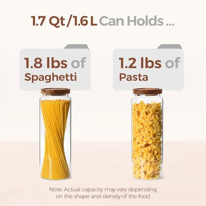 ComSaf 3Pcs (1.7Qt) Airtight Glass Pasta Storage Containers with Acacia Wood Lids, Tall Pantry Storage Container for Organizing Spaghetti and Pasta, Thick Glass Spaghetti Container with Pasta Labels - size: 1.7Qt*3