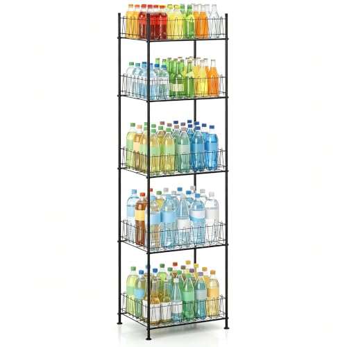 Water Bottle Storage Rack 5 Tier Drink Organizer for Pantry Metal Bottled Water Holder Stand for Floor, Beverage Soda Can Drink Storage Holder for Kitchen, Living Room - color: Black