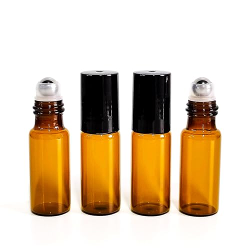 50 PCS 5ml Amber Glass Roller Bottle,Essential Oil Sample Vials with Stainless Steel Roller Ball,Black Caps,for Travel Perfume Cosmetics Small Container(2 Funnels, 2 Dropper, 1 Opener) (5ml) - size: 5ml