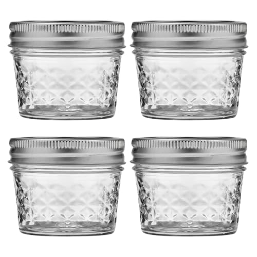 Ball Wide Mouth Quilted Crystal Jelly Jars with Lids and Bands, Used for Canning, Pickling, Juice, Jam, Jelly, Quarter Pint Size (4 Ounce (Pack of 4)) - size: 4 Ounce (Pack of 4)
