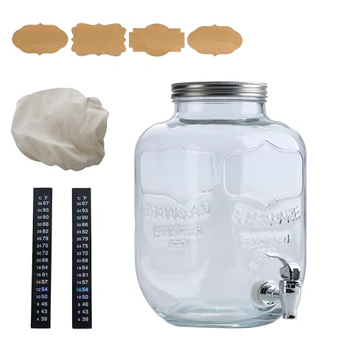 McEtt - Large Kombucha Brewing Jar Kit - 5 Liter (1.3 Gallon) Glass Continuous Fermentation Jar - SCOBY Hotel with Airtight Lid & Spout