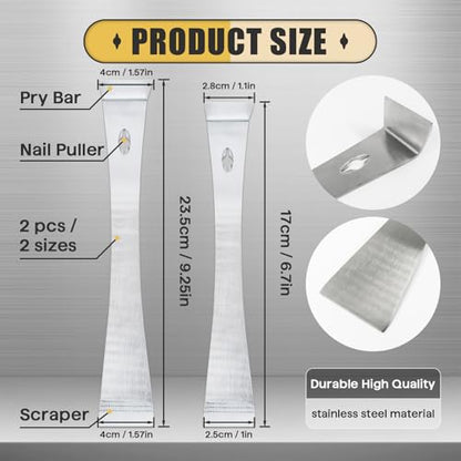 2-Piece 17005 Stainless Steel Pry Bar Scraper Set, 9.25" and 6.7" Trim Puller, Small Flat Pry Bar, Silver Beekeeping Hive Scraper, Bee Hive Hand Tool, 2 Sizes - color: 2-pack