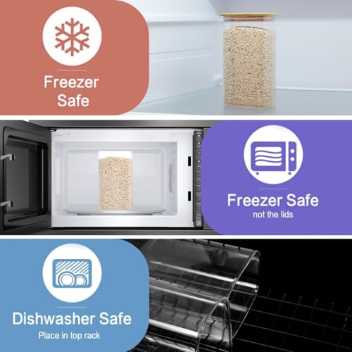 3 Pack Square Glass Pantry Storage Containers with 132 Kitchen Food Pantry Labels - 51 floz Clear Glass Pantry Jars with Airtight Wood Bamboo Lids - Glass Canisters for Candy, Cereal, Coffee, Spice - size: 51oz-3pack