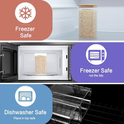 3 Pack Square Glass Pantry Storage Containers with 132 Kitchen Food Pantry Labels - 51 floz Clear Glass Pantry Jars with Airtight Wood Bamboo Lids - Glass Canisters for Candy, Cereal, Coffee, Spice - size: 51oz-3pack