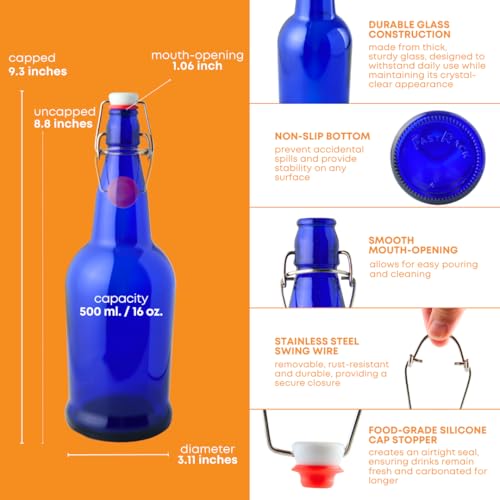 FastRack Swing Top Glass Bottles |16 oz – Pack of 6 | Blue Flip Top Glass Bottles for Home Brewing, Carbonated Drinks, Kombucha, Fermentation, Water | Food Grade – ECO Friendly - color: Blue