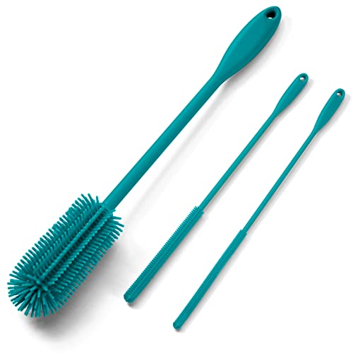 3-in-1 Silicone Bottle Brush and Straw Cleaning Brush Set, Water Bottle Cleaner for Narrow Neck Containers, Tumblers, Flask, Vase and Glassware (Turquoise) - color: Turquoise