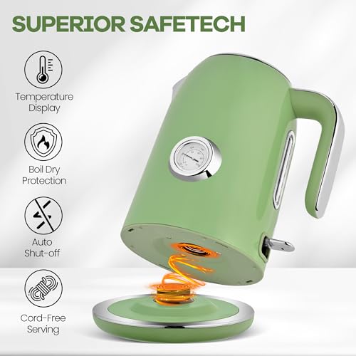 PUKOMC Electric Kettle,1.7L Stainless Steel Electric tea kettle | Temperature Gauge, Fast Boiling, Auto Shut - off, BPA - Free, Boil - Dry Protection 1500W,LED Light,Easy clean - color: Green
