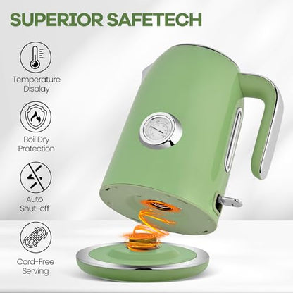 PUKOMC Electric Kettle,1.7L Stainless Steel Electric tea kettle | Temperature Gauge, Fast Boiling, Auto Shut - off, BPA - Free, Boil - Dry Protection 1500W,LED Light,Easy clean - color: Green