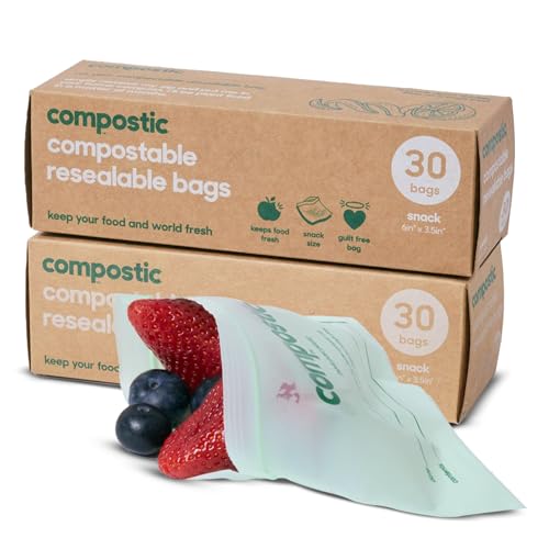 Compostic Compostable Snack Bags, Snack Size (60 Count) Starter Pack — Resealable Zip-Seal, Plant-Based, Home Compostable, Freezer Safe, BPA-Free, Non-Toxic, GMO-Free Food Storage Bags - size: 60 Count, style: Snack