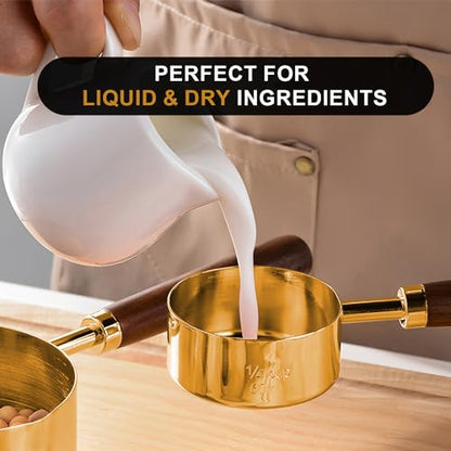 SHIKORI Gold Measuring Cups and Spoons Set with Wood Handles, Premium Stainless Steel Measuring Spoons and Measuring Cups Set-Gold - color: Gold