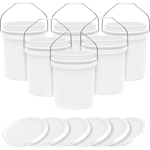 5-Gallon White Bucket Pail Container with Lid | Food Grade | Heavy-Duty Approx 90 MIL Extra Durable | Metal Handles with Plastic Grip | Multi-Use | Easy Stack and Store | BPA Free - 6 Pack - color: White - 5 Gallons, size: 6 Packs