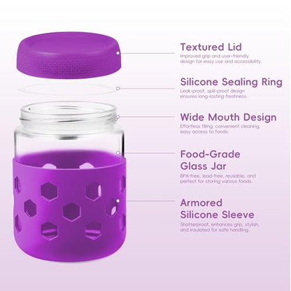 Gemice 6-Pack 16 oz Overnight Oats Containers with Lids and Silicone Sleeves, Glass Mason Jars with Airtight Lid, Dishwasher Safe, Wide Mouth Chia Seed Pudding Meal Prep Jar for Yogurt Berries Snack - color: Purple, size: 16oz, 6-Pack