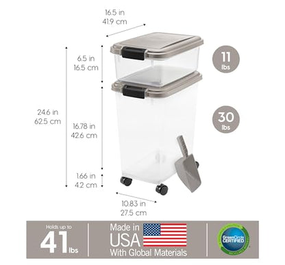 IRIS USA 30 lbs & 11 lbs Combo Airtight Dog Food Storage Container, Stackable Treat Box, 2-Cup Scoop, Wheels, Keep Fresh, Easy Mobility, Chrome - color: Chrome