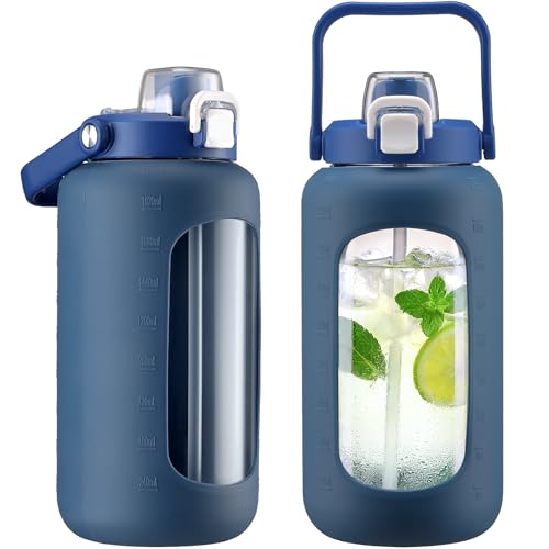72oz Glass Water Bottle with 2-IN-1 Straw &Chug Lid, Large Motivational Glass Bottle with Capacity Marker and Silicone Sleeve, 2.1Liter Gallon Water Jug for Home, Sports, Gym, BPA Free-Blue - color: Blue