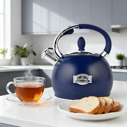 SUSTEAS Stove Top Whistling Tea Kettle - Food Grade Stainless Steel Teakettle Teapot with Cool Touch Ergonomic Handle, With 1 Silicone Pinch Mitt Included, 2.64 Quart,NAVY BLUE - color: Navy Blue