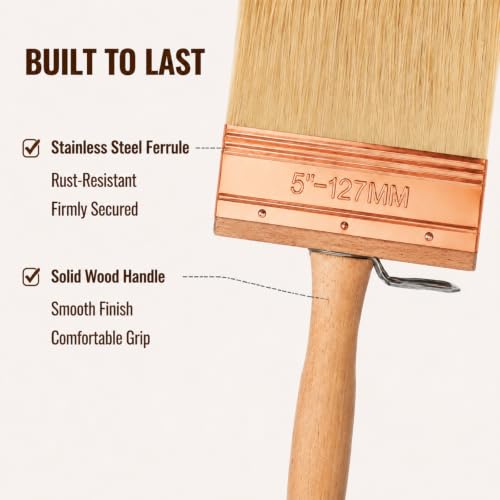 Deck Stain Brush 5", Attachable Paint Brush with Wooden Handle | Ergonomic wooden handle, Soft shed-resistant bristles, Detachable design, Washable & reusable, For furniture refinishing - color: 5 Inch