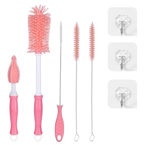 Silicone Bottle Brush Set, Baby Bottle Cleaning Kit with Silicone Brush, Nipple & Straw Brush - BPA-Free Dishwasher Safe Portable Bottle Cleaner - color: Pink