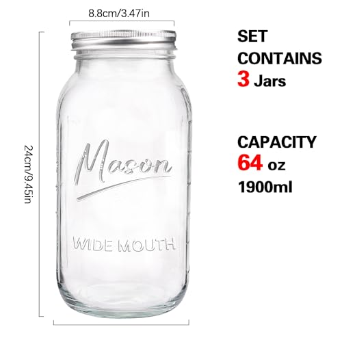64 oz Mason Jar Wide Mouth,3 Pack Large Half Gallon Mason Jars with Airtight Lid,Big Glass Jars for Canning,Pickling,Fermenting,Storing - color: 64oz
