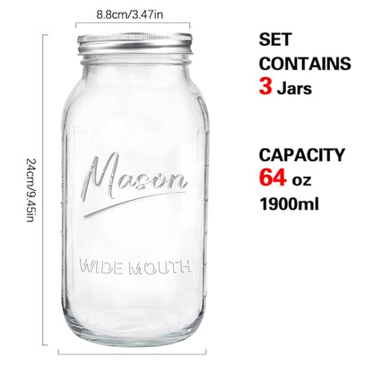64 oz Mason Jar Wide Mouth,3 Pack Large Half Gallon Mason Jars with Airtight Lid,Big Glass Jars for Canning,Pickling,Fermenting,Storing - color: 64oz