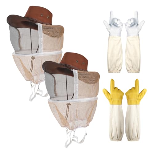 4-Pack Beekeeping Gloves & Hat Set - 2 Pack Beekeeping Veil Bee Keeper Hats and 2 Pack Thick Goatskin Leather Bee Gloves with Ventilated Sleeves, Outdoor Professional Beekeeping Protective Gear