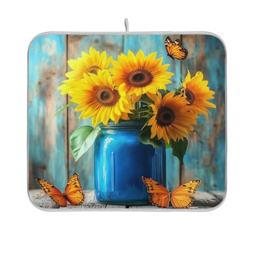 Butterfly Sunflowers Jar Dish Drying Mat Kitchen Dish Drying Pad Absorbent Microfiber Kitchen Decor for Draining Racks Sinks Coffee Bar 16x18 Inch - size: 16x18in