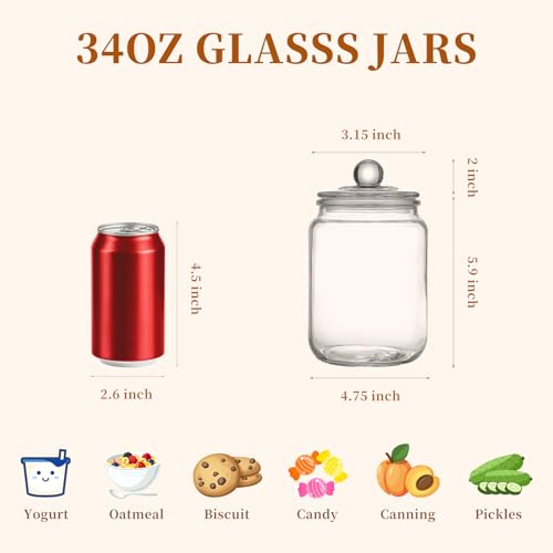 Glass Jars with Airtight Lid Set of 4, Food Jars 34 oz, Pickle Jars, Canning Jars, Glass Containers, Suitable for Kitchen, Pickles, Flour, Grains, Pasta, Sugar, Herbs, Coffee - color: 1 Litre（Set of 4）