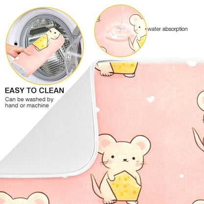 Cute Mouse Holding Cheese Dish Drying Mat for Kitchen Counter Super Absorbent Dishes Pad Reversible Microfiber Protector Dish Draining Mats 16x18 inch - size: 16 x 18 in