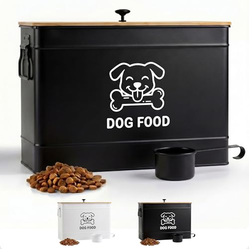 Dog Food Container Airtight 15 lb (50 Cup) Capacity with Metal Scoop - Cute Airtight Dog Food Storage Container with Bamboo Lid - Black Metal Kibble Storage Bin for Dogs up to 100 lbs - Big Pet Jar - color: Black