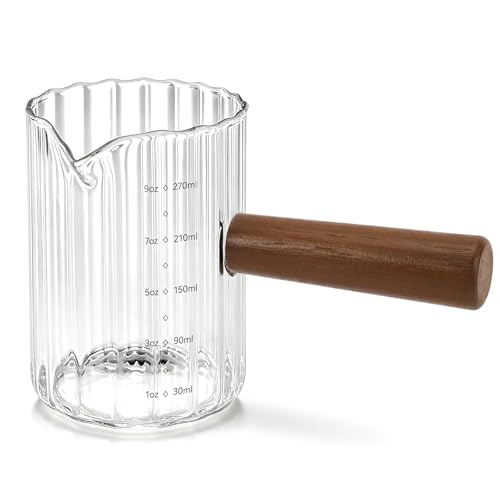 Espresso Measuring Cup 9 Oz, Espresso Glass Cups with Wood Handle, Milk Frothing Cup, Espresso Cup for Coffee, Milk, Tea or Maple Syrup Serving (Transparent, 9 oz) - color: Transparent Color, size: 9 oz