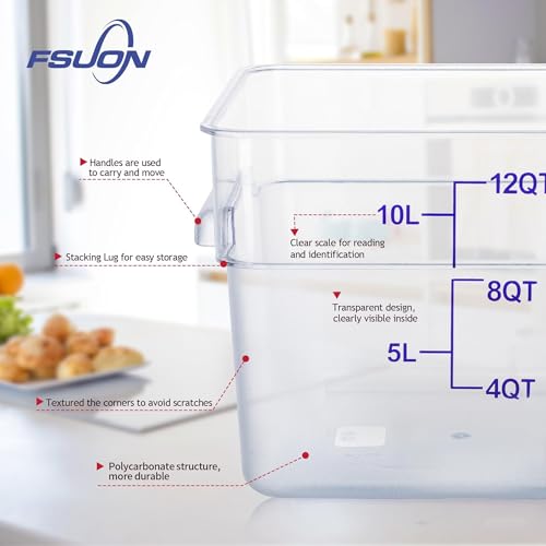 4 Pack 12 Qt Square Polycarbonate Food Storage Containers with Lids | Clear BPA-free PC with lids, side handles, measurement scale and stackable design; for food prep, storage and freezer use. - color: 12Qt