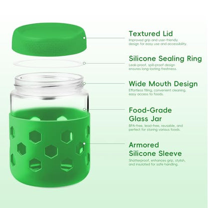 Gemice 6-Pack 16 oz Overnight Oats Containers with Lids and Silicone Sleeves, Glass Mason Jars with Airtight Lid, Dishwasher Safe, Wide Mouth Chia Seed Pudding Meal Prep Jar for Yogurt Berries Snack - color: Green, size: 16oz, 6-Pack