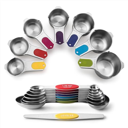 Spring Chef Magnetic Measuring Cups & Spoons Set, Patented, Strong N45 Magnets, Heavy Duty Stainless Steel Fits in Spice Jars for Baking & Cooking, BPA Free, Set of 15 with Leveler, Multicolor - color: Multicolor, size: Set of 15