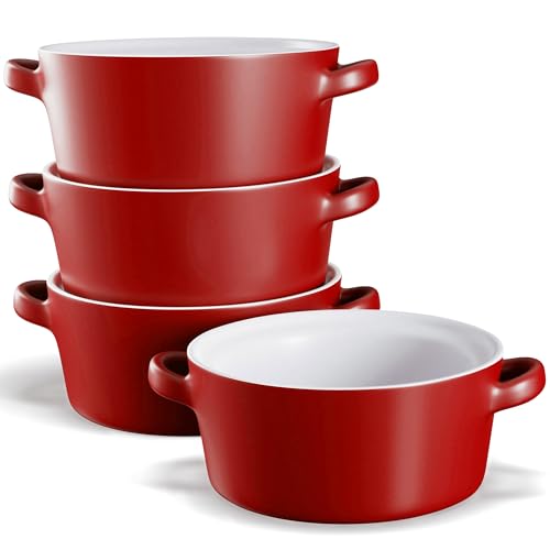 Kook Soup Crocks, Ceramic Stackable Bowls, Broil, Oven, Microwave and Dishwasher Safe, with Handles, For Casserole, Pasta, Cereal, Capacity 18 oz, Set of 4, (Matte Red) - color: Matte Red