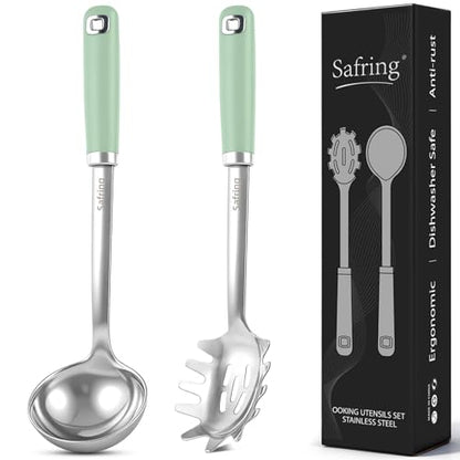 Safring Stainless Steel Soup Ladle and Spaghetti Spoon Set, Heat Resistant Rubber Handle, Dishwasher Safe, Kitchen Utensils for Cooking, Stirring, Serving Pasta, Soup & Sauce (Mint) - color: Mint