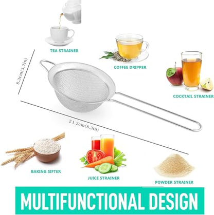 3.35 Inch Silver Fine Mesh Strainer, Stainless Steel Metal Handheld Small Mini Sieve Strainer, Kitchen Food Strainer with Handle for Cocktail, Tea, Coffee and Juice