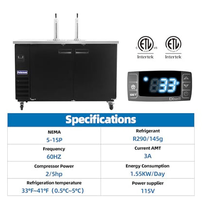 Polarman Commercial Beer Dispenser Two Single-tap Draft Kegerator 2 Door Keg Refrigerator for Bars and Restaurants 61” W Stainless Steel With 2 Coupler, 33°F- 41°F Temperature Control-Direct Draw - size: 61"W Two Single-tap