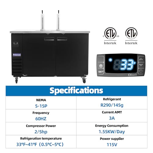 Polarman Commercial Beer Dispenser Two Single-tap Draft Kegerator 2 Door Keg Refrigerator for Bars and Restaurants 61” W Stainless Steel With 2 Coupler, 33°F- 41°F Temperature Control-Direct Draw - size: 61"W Two Single-tap