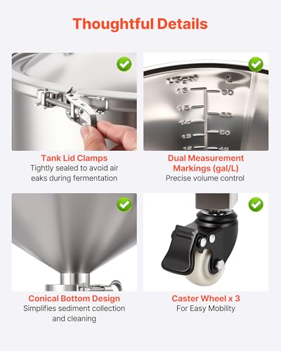 VEVOR Pressure Fermenter 15 PSI, 16 Gal/60L All-in-One Stainless Steel Conical Secondary Fermentation Bucket, with Cooling Tube, Yeast Slurry Collection Bottle, for Wine, Beer Brewing Equipment - size: 16 Gal-Fermenter2.0