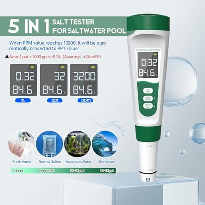 Salt Tester for Saltwater Pool & pH Meter, Digital Water Tester for Salinity,Temp,EC,TDS Meter for Pool Salt Tester,Hot Tubs & Spas,Hydroponics,Aquarium,Accurate & Reliable,5 in 1 Tester,Green