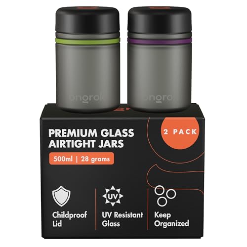 ONGROK Glass Storage Jar, 500ml, 2 Pack, UV Herb/Spice Jar with Child Resistant Lid, Color-Coded Glass Containers Air Proof to Preserve Smell and Aroma, Perfect Size to Store in a Drawer or Cupboard - size: 500ML - 2 Pack