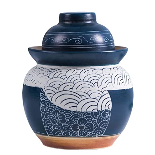 Blue Chinese Porcelain Pickle Jar - Ceramic Fermentation Crock with Water Seal Airlock Lid, Ideal for Kimchi & Sauerkraut, 3.5KG Stoneware Fermenter