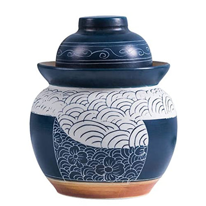 Blue Chinese Porcelain Pickle Jar - Ceramic Fermentation Crock with Water Seal Airlock Lid, Ideal for Kimchi & Sauerkraut, 3.5KG Stoneware Fermenter