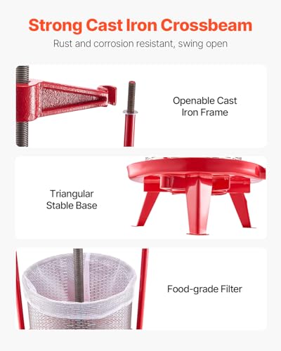 VEVOR 3.69 Gal/14L Fruit Wine Press, Stainless Steel Basket with Cross-beam and Triangular Structure, Manual Juice Maker, Cider Apple Grape Tincture Making Press with T-Handle for Kitchen Home - size: 3.69 Gal