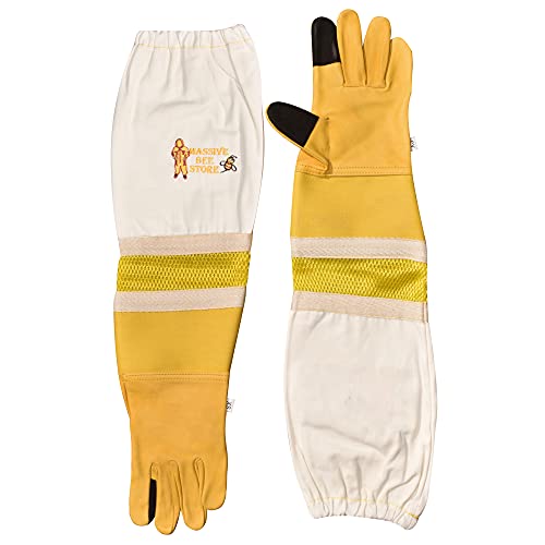 Massive Bee Cowhide Beekeeping Ventilated Cowhide Leather Gloves Yellow Rubber Cuff Then Yellow Mesh with Off white jeans - color: Touchscreen Gloves, size: X-Large