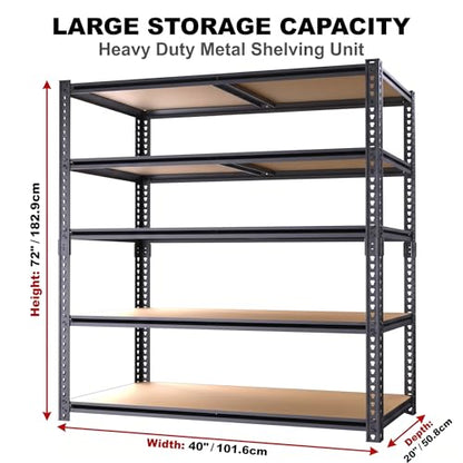 Storage Shelves Unit,40" W 5-Tier Garage Shelving Heavy Duty Metal Adjustable Garage Shelves,Stable Shelves Organizer for Pantry, Kitchen and Basement,40" W x 20" D x 72" H,Black - size: 20"D x 40"W x 72"H