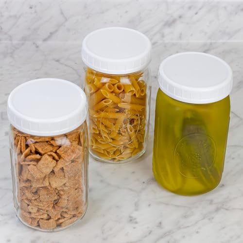 Cornucopia Brands Wide Mouth Plastic Mason Jar Lids (24-Pack Bundle); 2 Dozen Unlined White Ribbed Lids, 86-450 Size