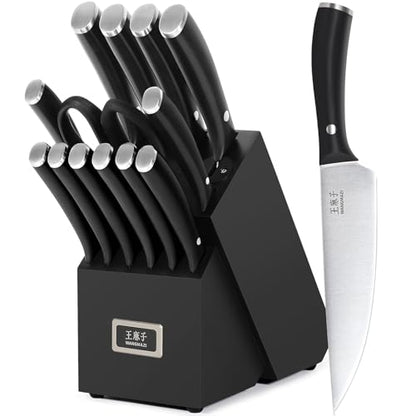 WANGMAZI Professional Kitchen Knife Set, 15 Pcs Sharp Kitchen Knife Set with Built-In Knife Sharpener, Dishwasher Safe, German Stainless Steel Knife Block Set for Home Kitchen Gifts, Black - color: 03-Black